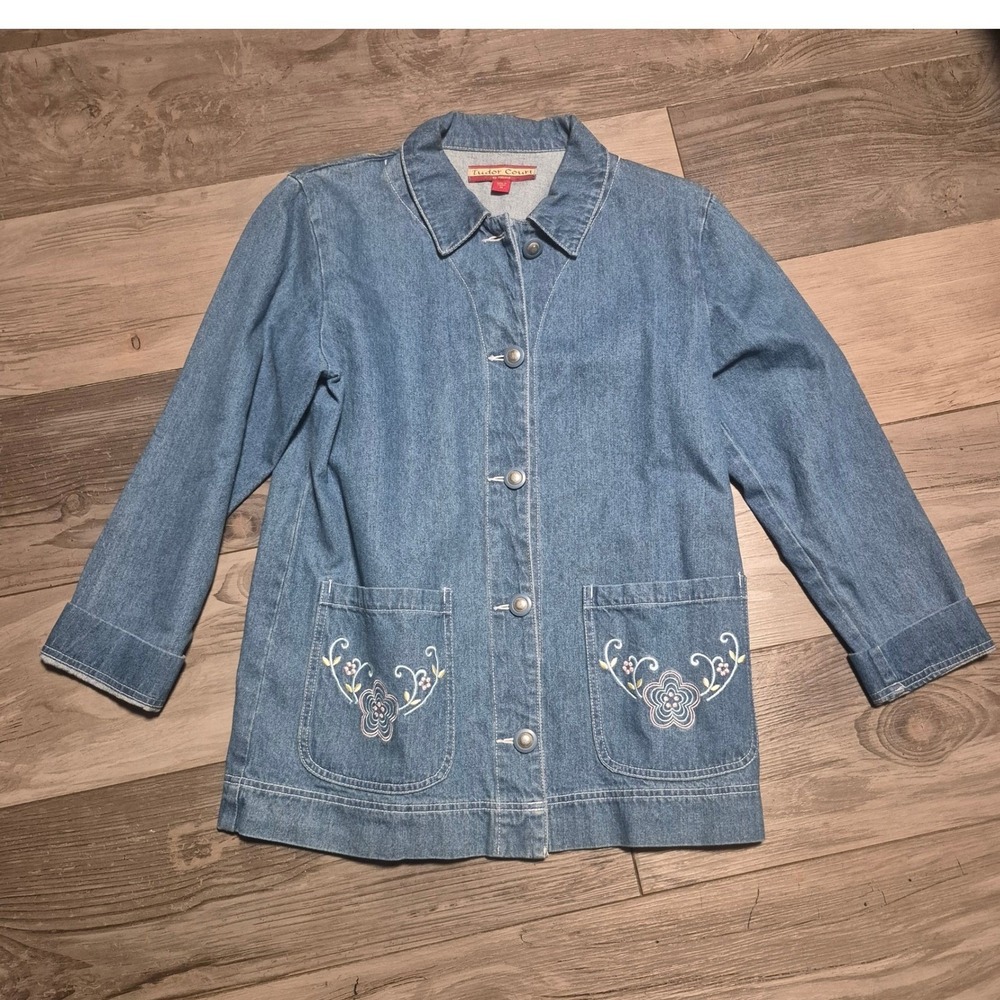 Tudor Court by Haband Womens Blue Denim Floral Embroidered Chore Jacket Size M